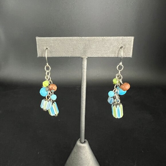Boho Dangle Earrings Blue Green Glass Beaded and Chain Drop Silver‎ Tone - Picture 1 of 6
